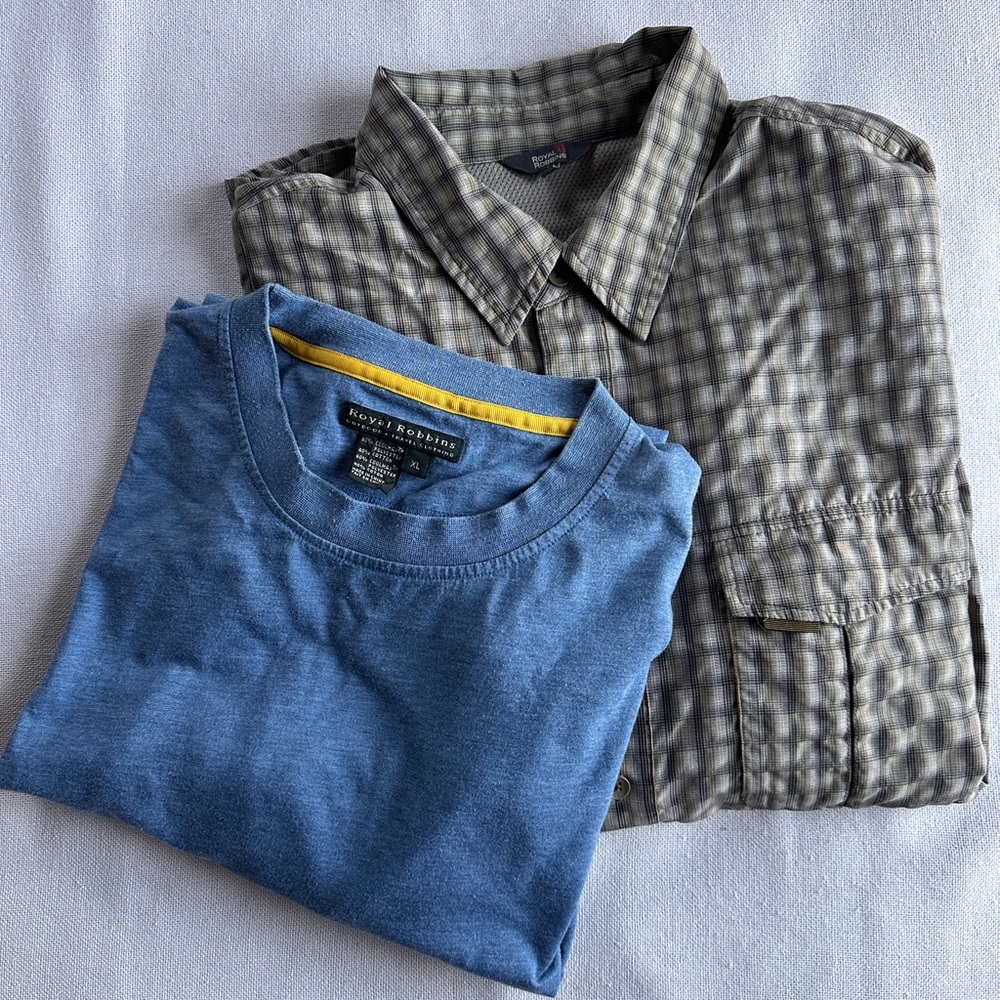 2 ROYAL ROBBINS Men's XL Shirts | Plaid Performance Vented Shirt & Tech T-Shirt